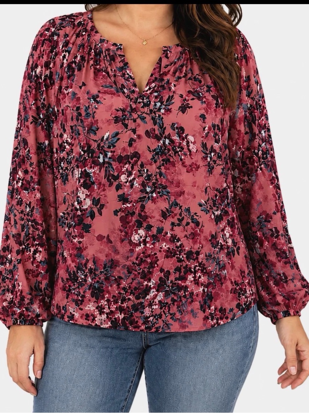 Torrid Rose Floral Split V-Neck Long Sleeve Blouse